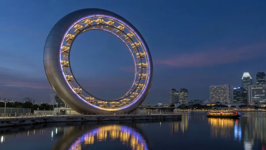 Cockring Wheel at night over the harbour — giant ring wheel with lit cabins and water reflection