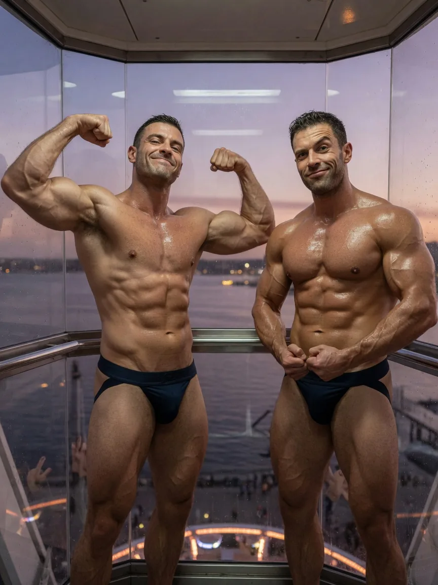 Bren and Ollie in dark jocks flexing inside a glass cabin at dusk, waterfront crowd below