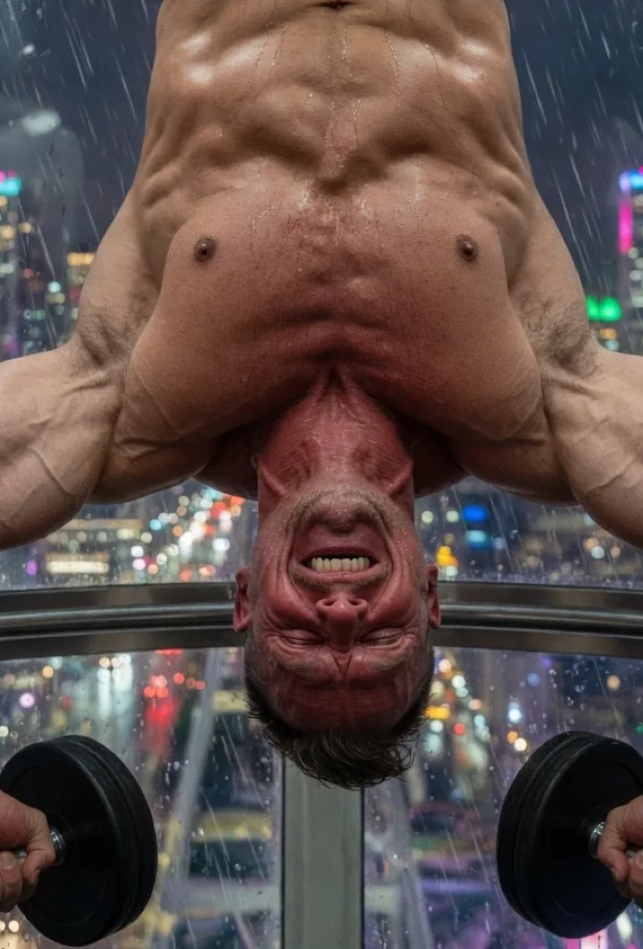 Derek inverted in a cabin with heavy dumbbells in both hands, thick torso and pain on his face