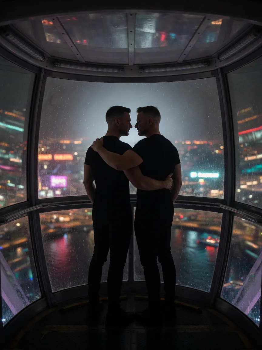 Two muscular male silhouettes in a glass wheel cabin at night, bodies small in the cabin frame, locked in a clinch