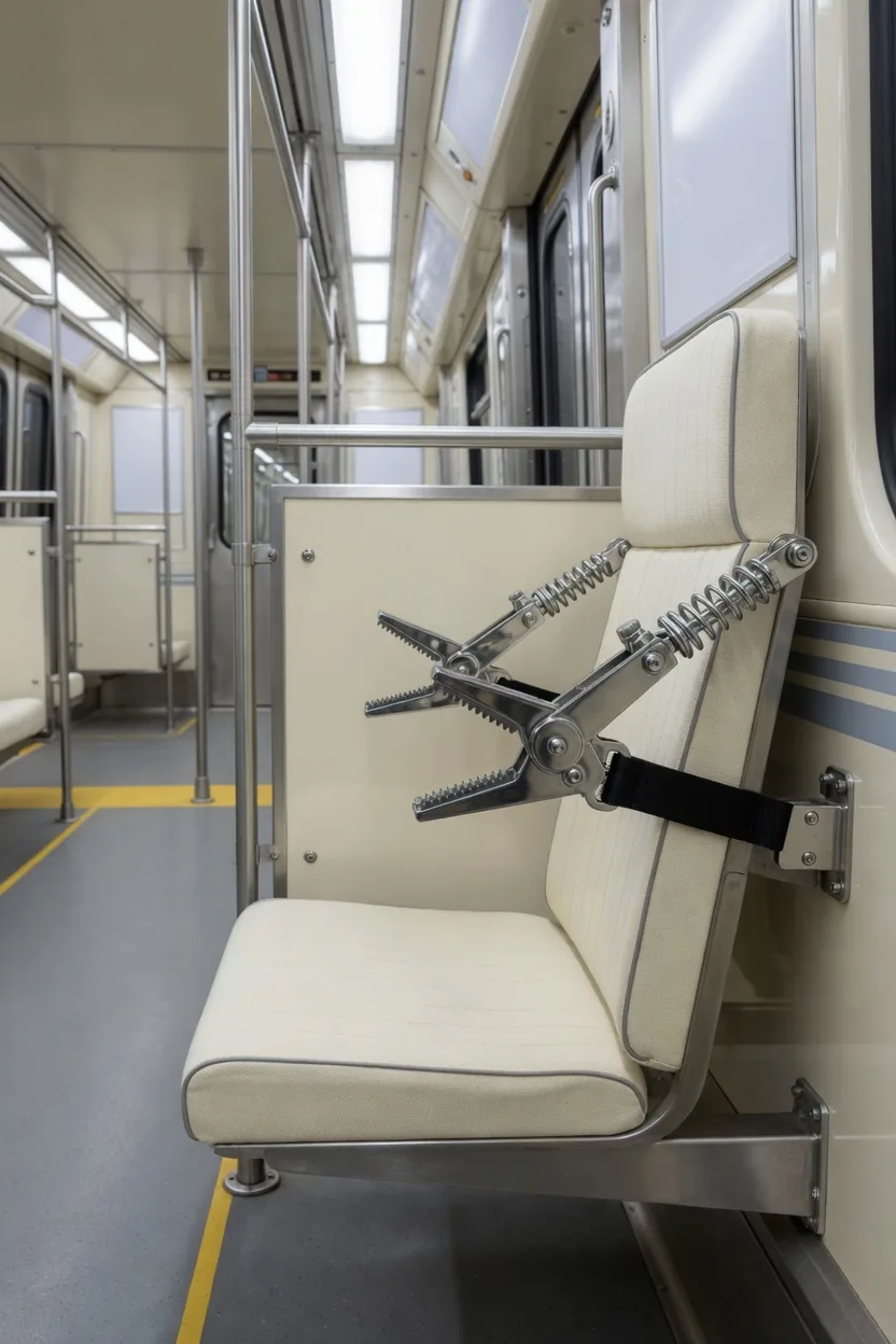 MTR seat with transit restraint clamps on webbing belts