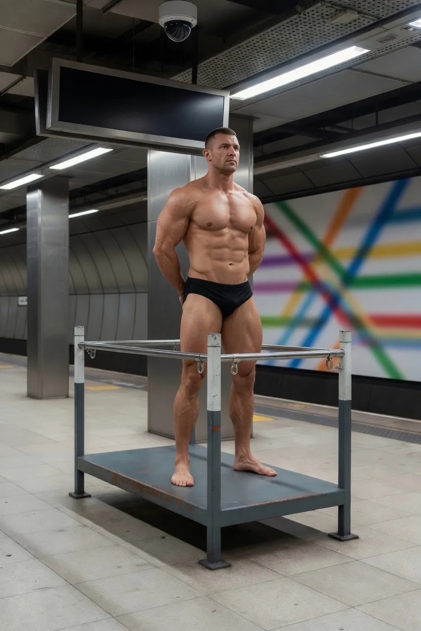 Muscular man in small briefs on the MTR platform punishment stand