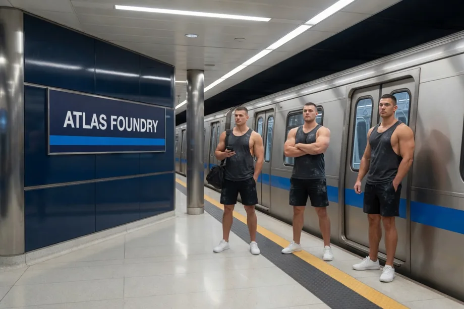 Strongman Gym MTR platform — open doors, men waiting for tap
