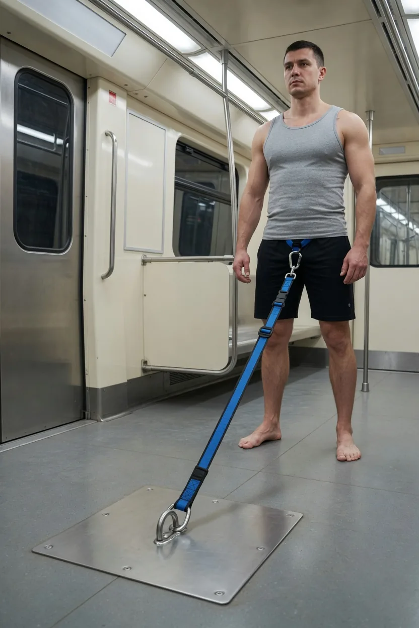 Standing rider on a floor-anchored crotch tether in an MTR car