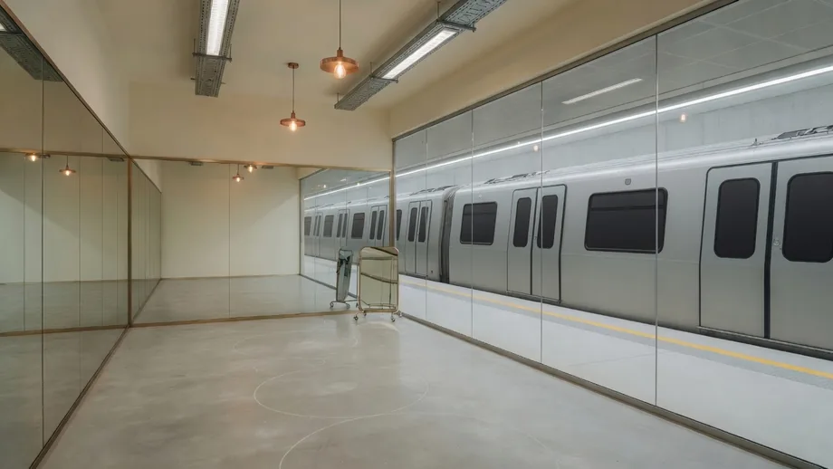 Empty posing room with clear glass onto the metro platform