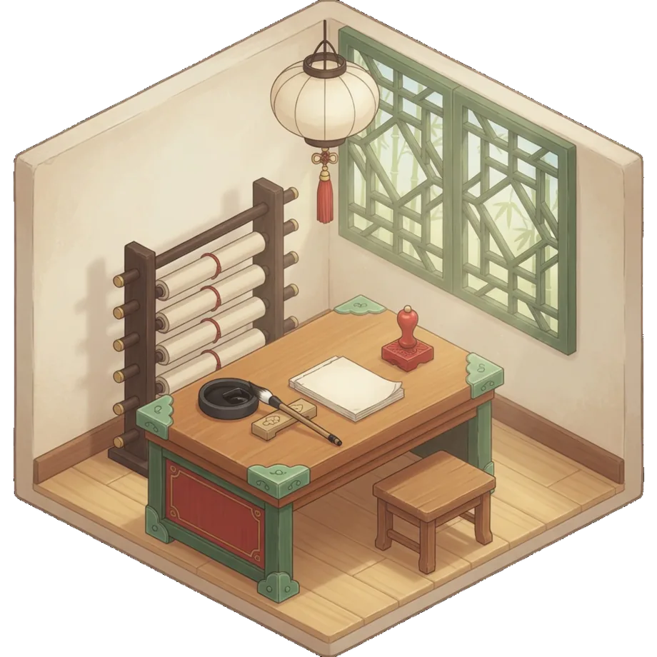 Interior of the Laureate Idea Desk — a scholar's grading desk with inkstone, brush, red seal, blank paper, and a scroll rack