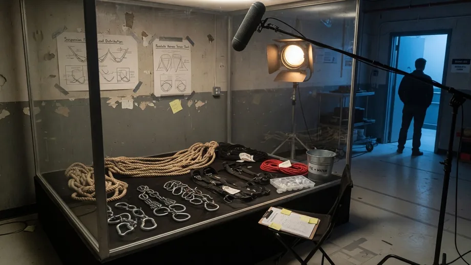 Rope cradle and weight ring on sack display under studio glass