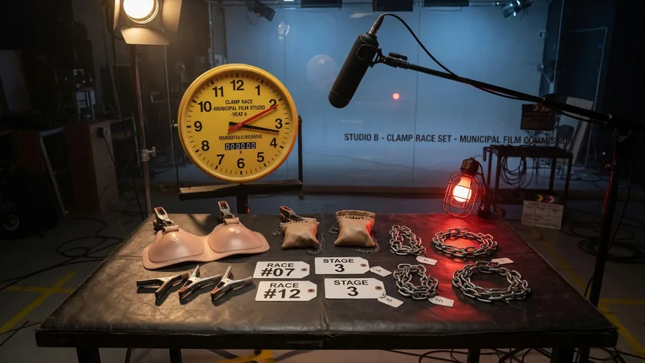 Clamp race clock and hardware beyond nipples under studio light