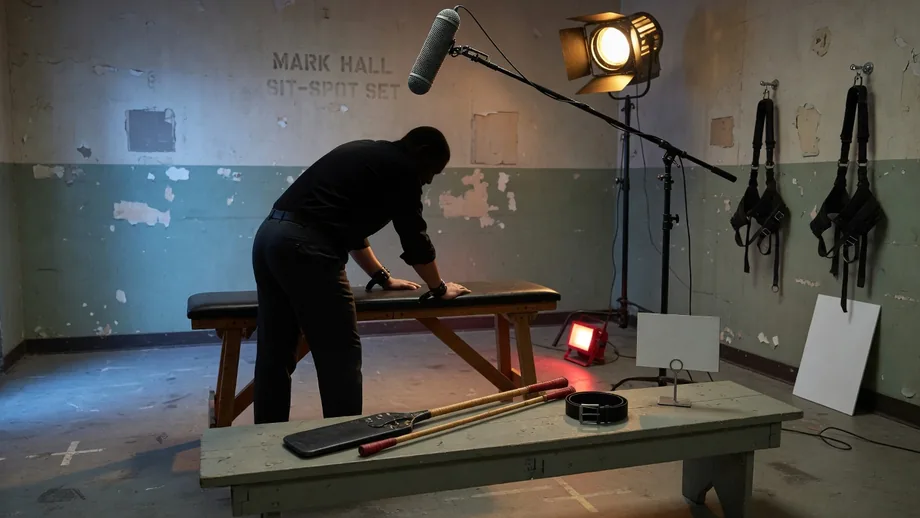 Paddle and cane props aimed at sit-spot marks under studio glass
