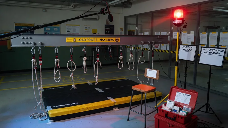 Partial suspension rig under scout red light in rope loft coda