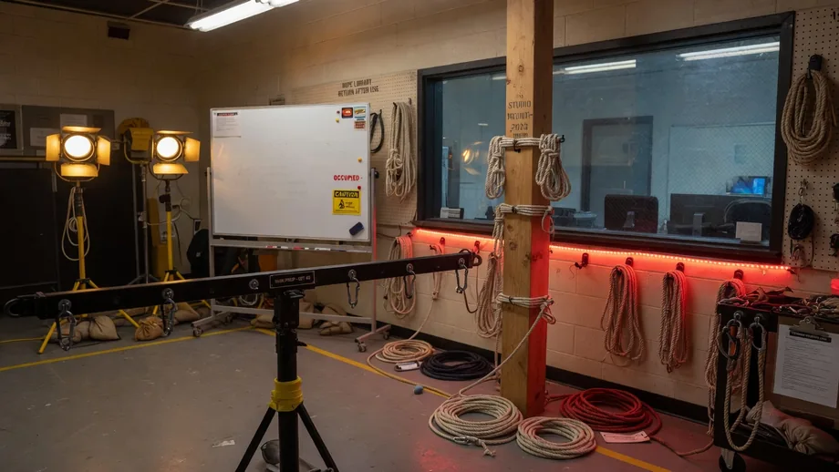 Spreader bar and post-tie upright display in rope loft