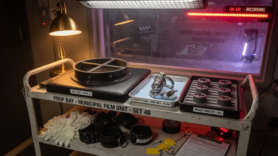 Root ring, cage prop, and head-focus tray under municipal light